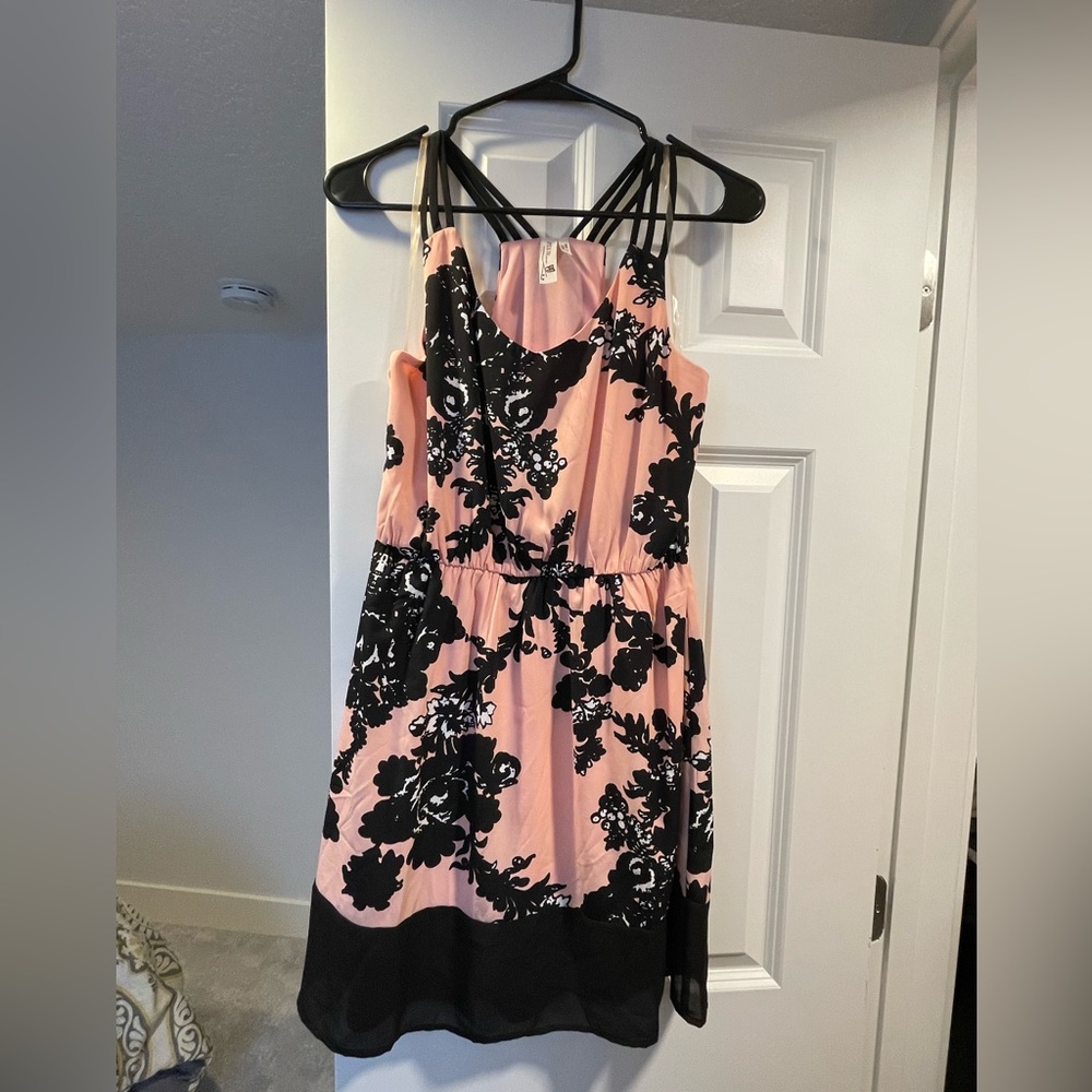 Pink and Black Floral Wedding Guest Dress - Medium